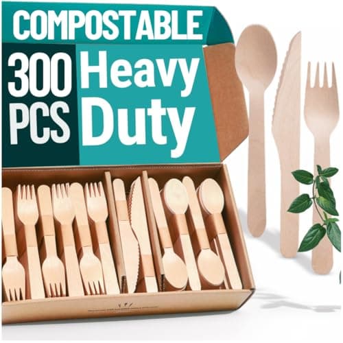 EarthClusive 300pcs Disposable Wooden Cutlery Set (150 Forks, 100 Spoons, 50 Knives) Our Heavy Duty Compostable Wood Utensils is FSC Certified Protecting Forests. Zero Plastic Cutlery For Any Occasion