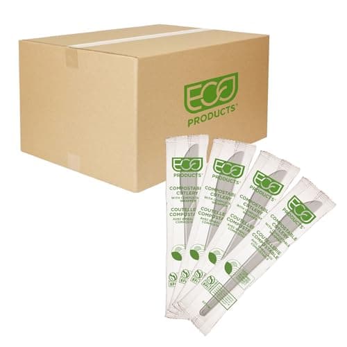 ECO PRODUCTS Plantware Disposable Compostable PLA Plastic Wrapped Utensil Cutlery, 6" Knife, Case of 1000