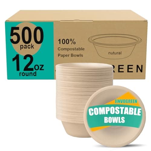 JINVOGREEN 500 Count 12 oz Paper Bowls, Disposable Compostable Bowls Bulk, Heavy Duty Biodegradable Bagasse Bowl for Snacks, Soup, and Salads, Natural