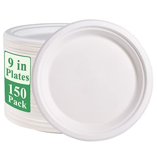 Vplus 150 Pack Paper Plates 9 inch 100% Compostable, Heavy-Duty Disposable Paper Plates Bagasse Natural Biodegradable Eco-Friendly Sugarcane(White)