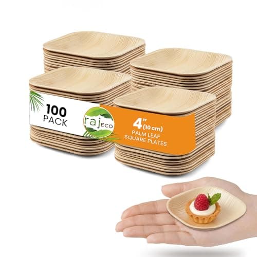 Raj Eco Compostable Mini Palm Leaf Plates Like Bamboo Plate Disposable - 4 Inch Square 100 Mini Party Plate, Natural Wooden, Eco-Friendly, Fancy Biodegradable & Disposable Wedding Picnic