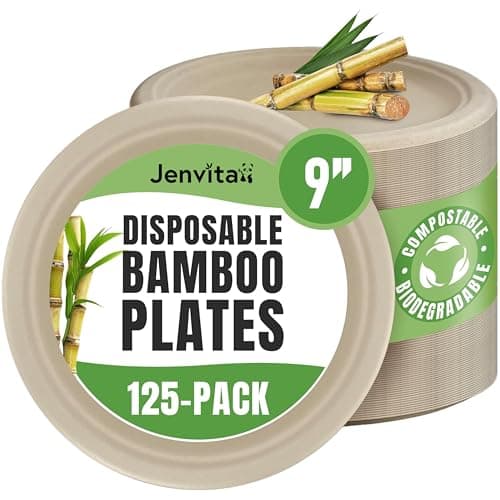 Jenvita Bamboo Paper Plates Compostable (125-Pack, 9-inch) | Sturdy & Microwave Safe | Heavy Duty Brown Disposable Plates | PFAS Free, Biodegradable | FSC Certified Alternative to Plastic